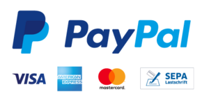 Logos der Zahlungsarten: PayPal, VISA, American Express, Mastercard, SEPA Lastschrift